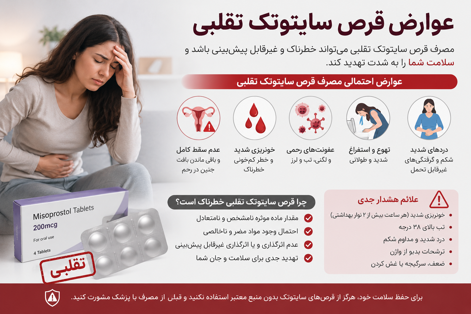 اینفوگرافیک آموزشی درباره عوارض و خطرات احتمالی قرص سایتوتک تقلبی، از جمله خونریزی شدید، درد شکم، عفونت و علائم هشداردهنده نیازمند مراجعه فوری به پزشک