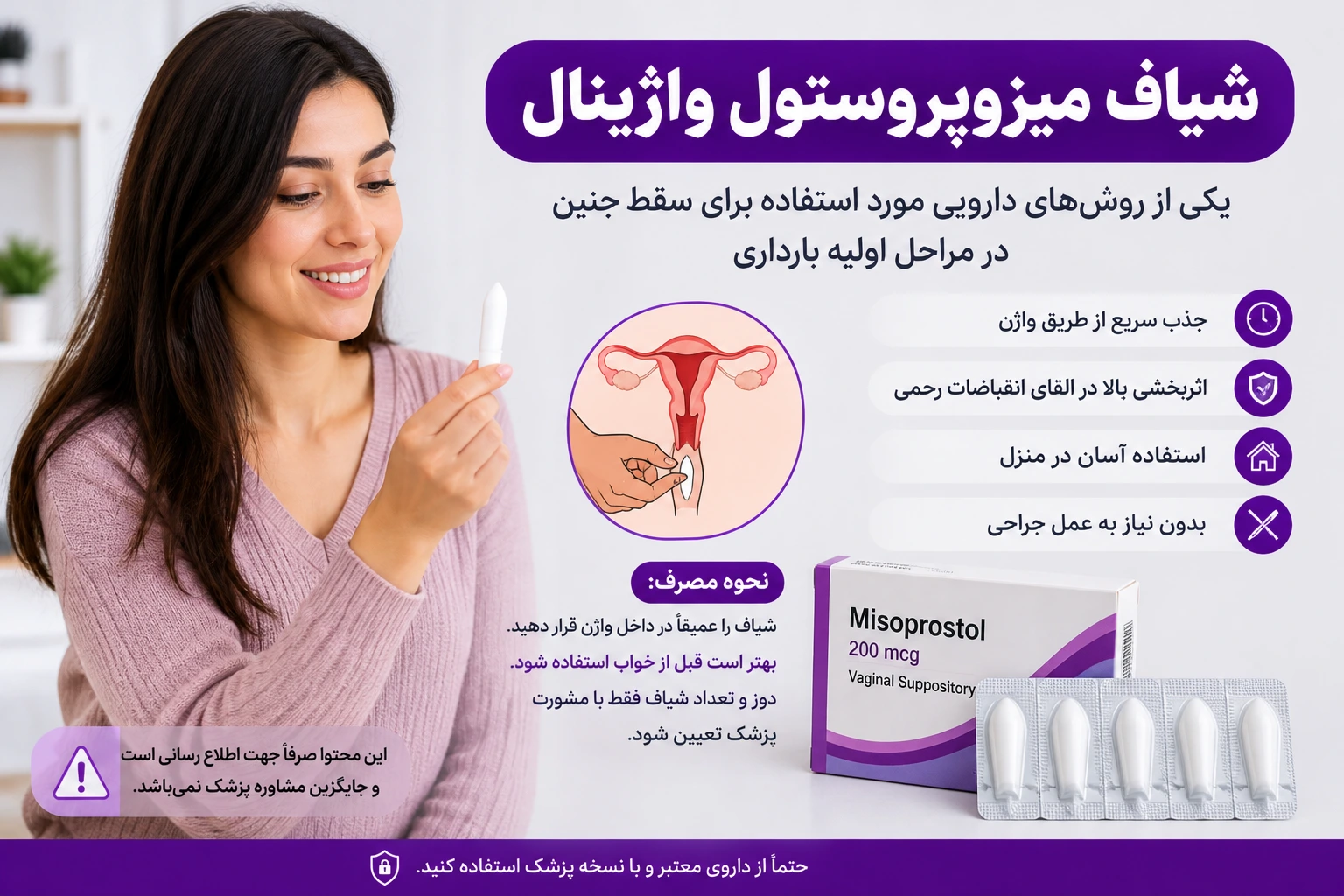 شیاف میزوپروستول واژینال %%sep%% طریقه مصرف میزوپروستول %%sep%% سقط جنین با شیاف %%sep%% دوز مناسب میزوپروستول %%sep%% عوارض شیاف واژینال %%sep%% اثر شیاف میزوپروستول
