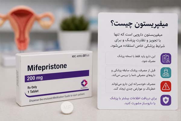 داروی میفپریستون؛ تصویر آموزشی درباره کاربردهای پزشکی، هشدارهای ایمنی و اهمیت مصرف با تجویز پزشک